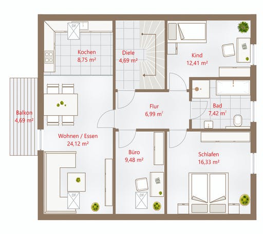 Fertighaus Hausidee 193 SD von DREVO HAUS Schlüsselfertig ab 342400€, Satteldach-Klassiker Grundriss 2