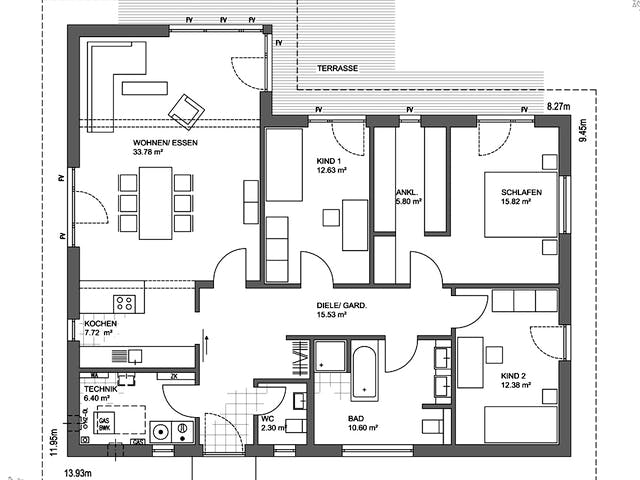 Fertighaus Bungalow Walmdach 130 von LUXHAUS, Bungalow Grundriss 1