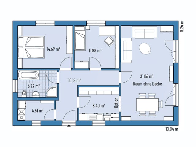 Fertighaus BUNGALOW B82-130 von EBH Haus Schlüsselfertig ab 220600€, Satteldach-Klassiker Grundriss 1 Fertighaus BUNGALOW B82-130 von EBH Haus Schlüsselfertig ab 220600€, Satteldach-Klassiker Grundriss 1