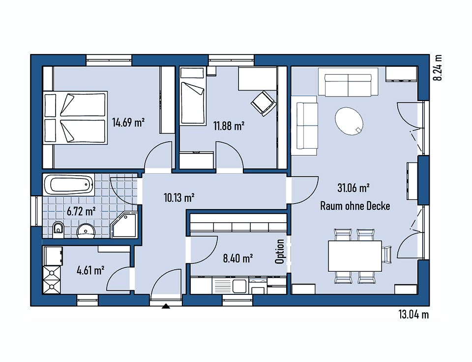 Fertighaus BUNGALOW B82-130 von EBH Haus Schlüsselfertig ab 201800€, Satteldach-Klassiker Grundriss 1