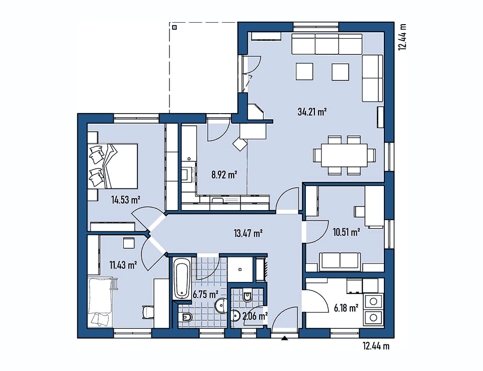 Fertighaus BUNGALOW B88-124-TE von EBH Haus Schlüsselfertig ab 246700€, Bungalow Grundriss 1