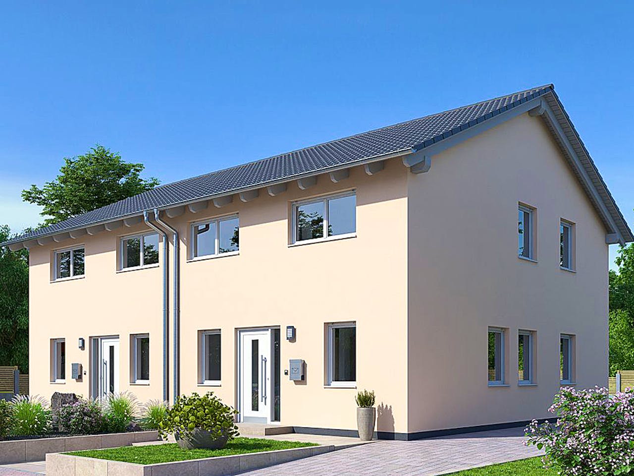 Fertighaus ZWEIFAMILIENHAUS D106-137-SD von EBH Haus Schlüsselfertig ab 491700€, Satteldach-Klassiker Außenansicht 1