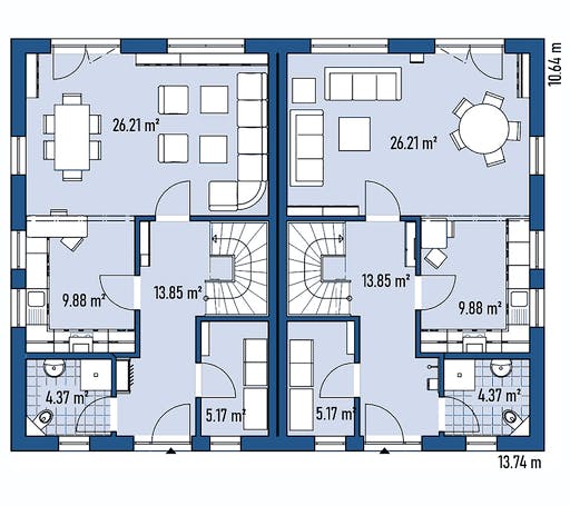Fertighaus ZWEIFAMILIENHAUS D106-137-SD von EBH Haus Schlüsselfertig ab 471100€, Satteldach-Klassiker Grundriss 1