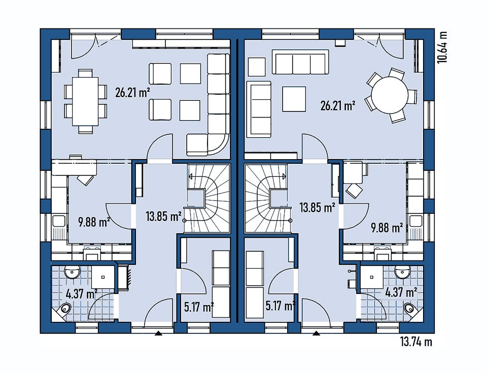 Fertighaus ZWEIFAMILIENHAUS D106-137-SD von EBH Haus Schlüsselfertig ab 480600€, Satteldach-Klassiker Grundriss 1