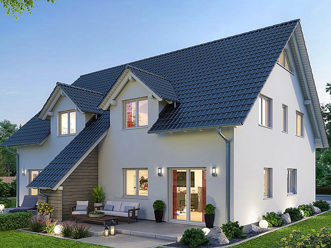 Fertighaus ZWEIFAMILIENHAUS D106-139-2G von EBH Haus Schlüsselfertig ab 573900€, Satteldach-Klassiker Außenansicht 1