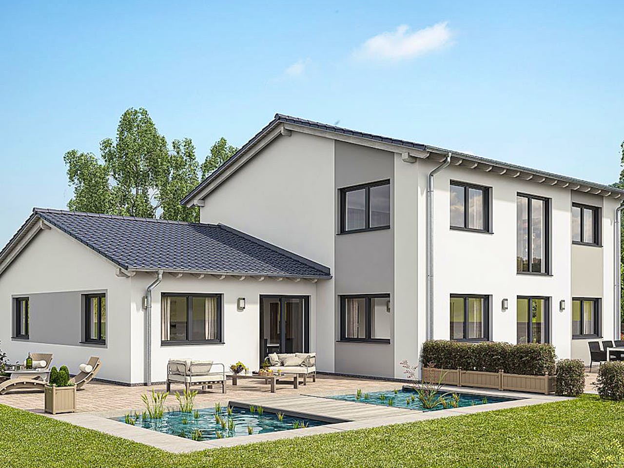 Fertighaus ZWEIFAMILIENHAUS D138-157 von EBH Haus Schlüsselfertig ab 473800€, Satteldach-Klassiker Außenansicht 1