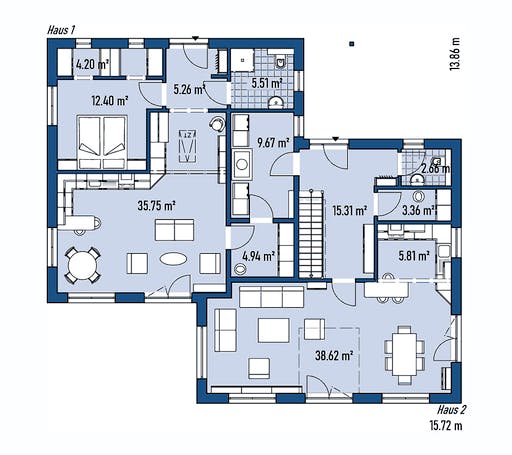 Fertighaus ZWEIFAMILIENHAUS D138-157 von EBH Haus Schlüsselfertig ab 432500€, Satteldach-Klassiker Grundriss 1