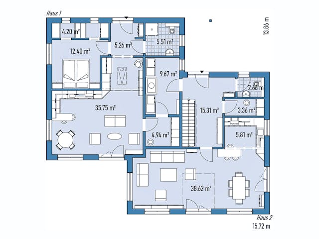 Fertighaus ZWEIFAMILIENHAUS D138-157 von EBH Haus Schlüsselfertig ab 492800€, Satteldach-Klassiker Grundriss 1