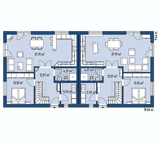 Fertighaus ZWEIFAMILIENHAUS D94-186 von EBH Haus Schlüsselfertig ab 503400€, Satteldach-Klassiker Grundriss 1