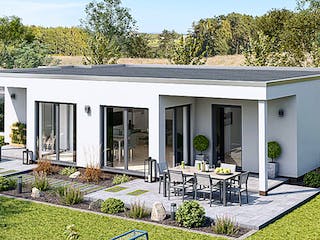 Fertighaus BUNGALOW F88-130 Var. Putz von EBH Haus Schlüsselfertig ab 267100€, Satteldach-Klassiker Außenansicht 1
