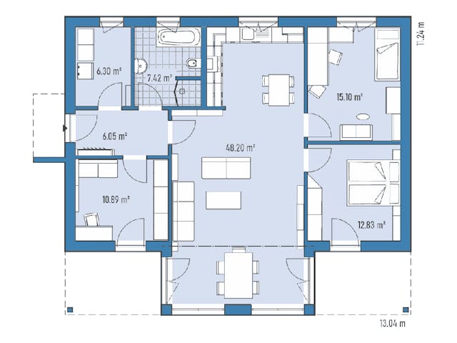 Fertighaus BUNGALOW F88-130 Var. Putz von EBH Haus Schlüsselfertig ab 289000€, Satteldach-Klassiker Grundriss 1
