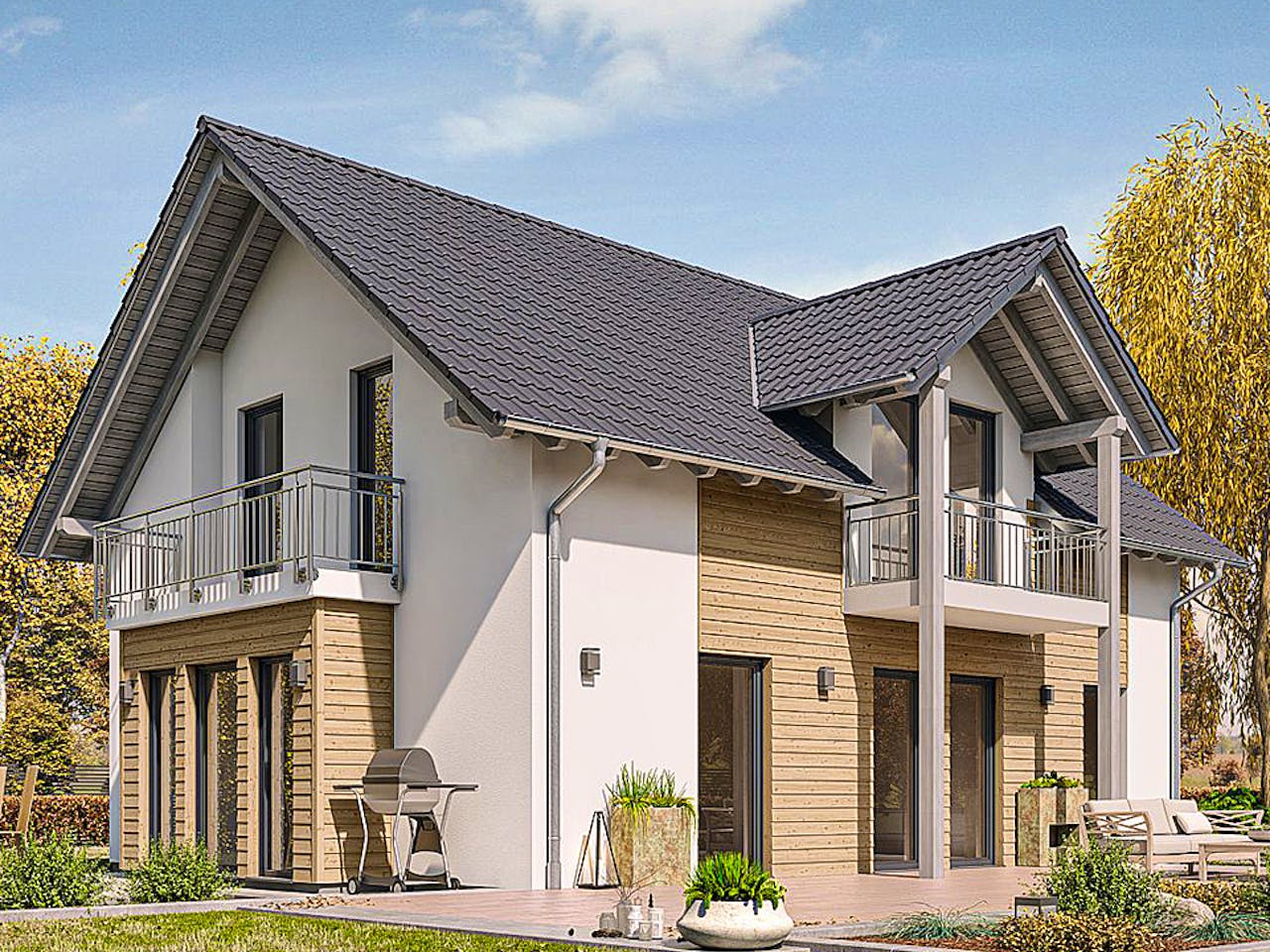 Fertighaus HAUS H82-106 von EBH Haus Schlüsselfertig ab 306600€, Satteldach-Klassiker Außenansicht 1