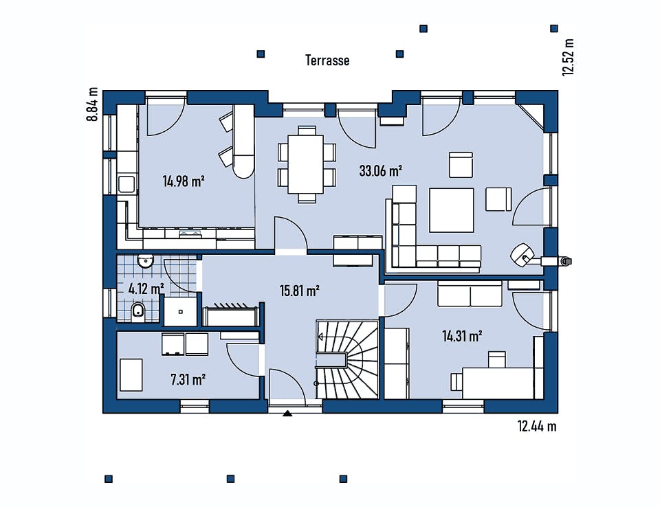 Fertighaus HAUS H88-124-V2 von EBH Haus Schlüsselfertig ab 344300€, Satteldach-Klassiker Grundriss 1