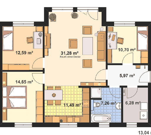 Fertighaus Haus für Drei von EBH Haus Schlüsselfertig ab 219800€, Bungalow Grundriss 1