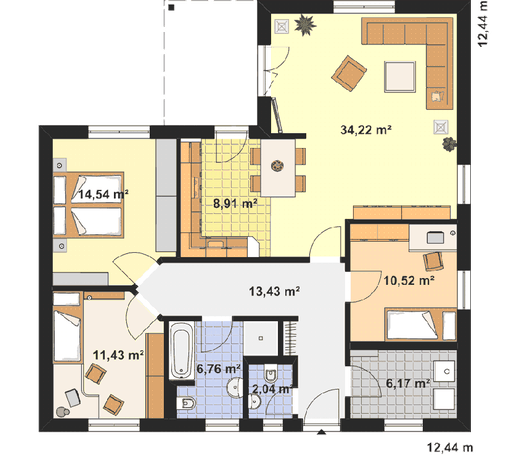 Fertighaus Kompakt 4 Plus 1 von EBH Haus Schlüsselfertig ab 240300€, Bungalow Grundriss 1