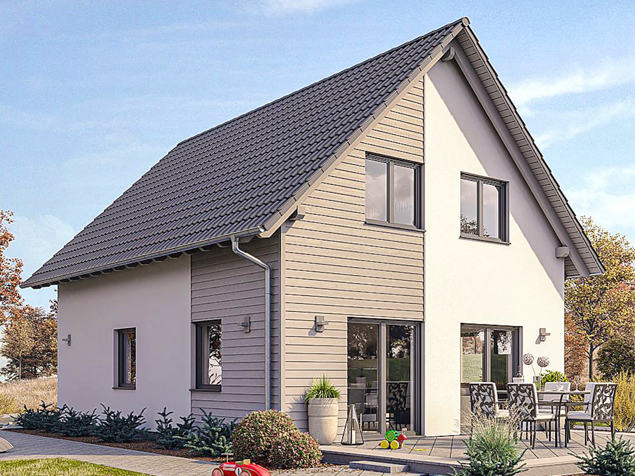 Fertighaus HAUS M71-100 von EBH Haus Schlüsselfertig ab 235600€, Satteldach-Klassiker Außenansicht 1