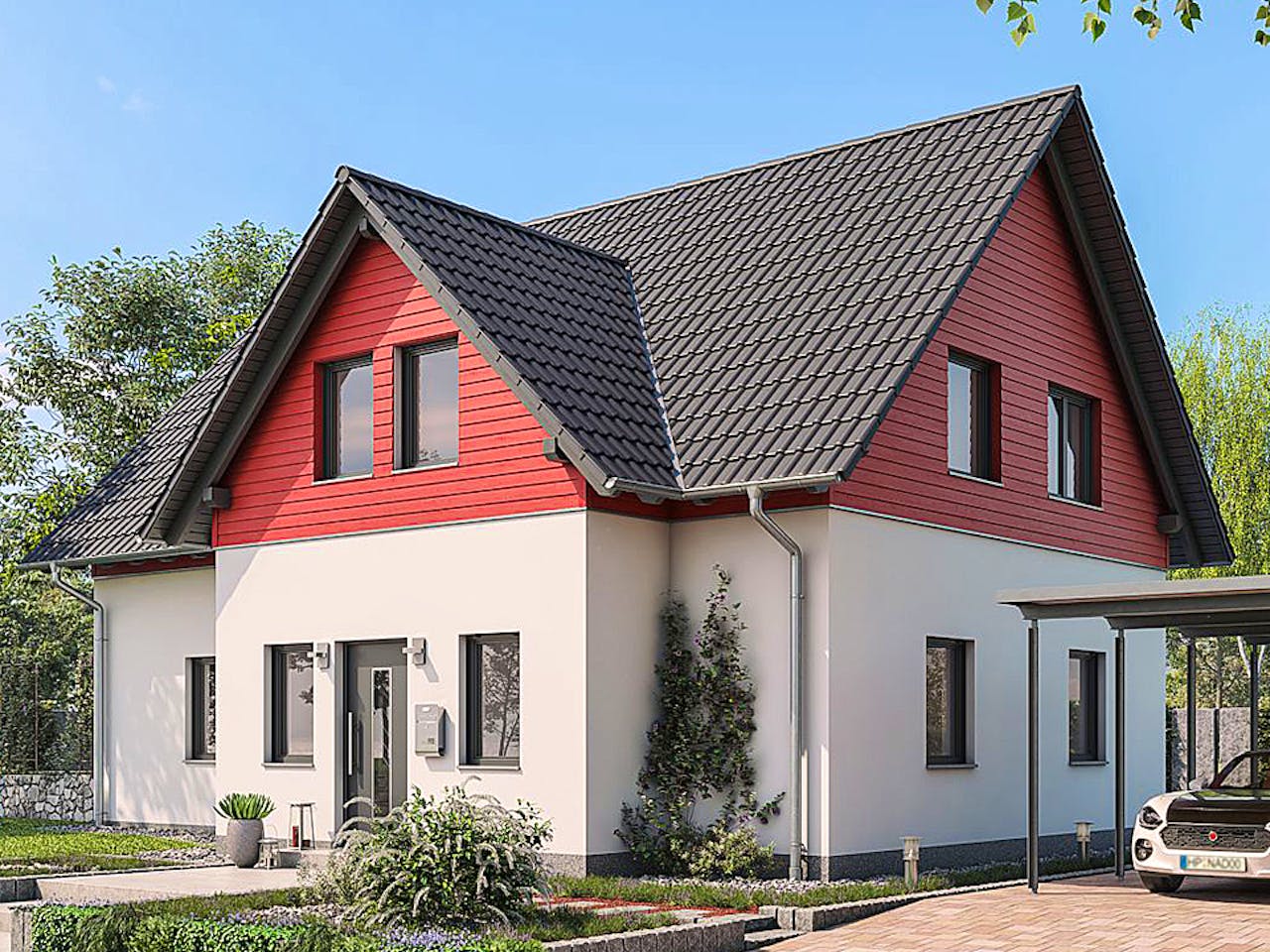 Fertighaus HAUS M77-112-G von EBH Haus Schlüsselfertig ab 299900€, Satteldach-Klassiker Außenansicht 1