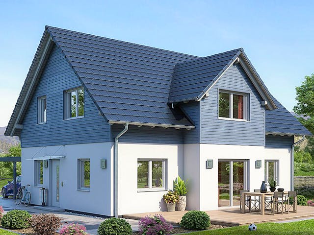 Fertighaus Einfamilienhaus M82-112-G von EBH Haus Schlüsselfertig ab 322900€, Satteldach-Klassiker Außenansicht 1