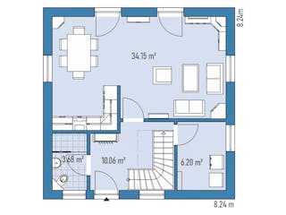Fertighaus Einfamilienhaus R82-82 von EBH Haus Schlüsselfertig ab 247700€, Satteldach-Klassiker Grundriss 1