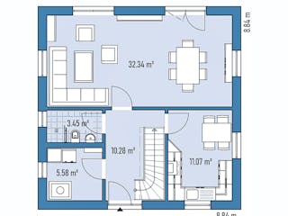 Fertighaus Einfamilienhaus R88-88 von EBH Haus Schlüsselfertig ab 279500€, Satteldach-Klassiker Grundriss 1