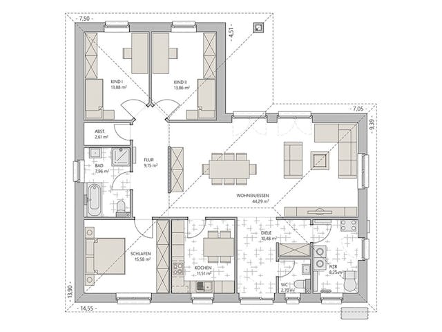 Massivhaus Winkelbungalow 140 von ECO System HAUS Schlüsselfertig ab 306800€, Bungalow Grundriss 1 Massivhaus Winkelbungalow 140 von ECO System HAUS Schlüsselfertig ab 306800€, Bungalow Grundriss 1