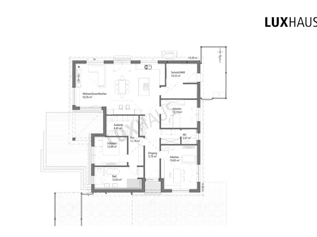 Fertighaus Bungalow Walmdach 157 von LUXHAUS, Bungalow Grundriss 1