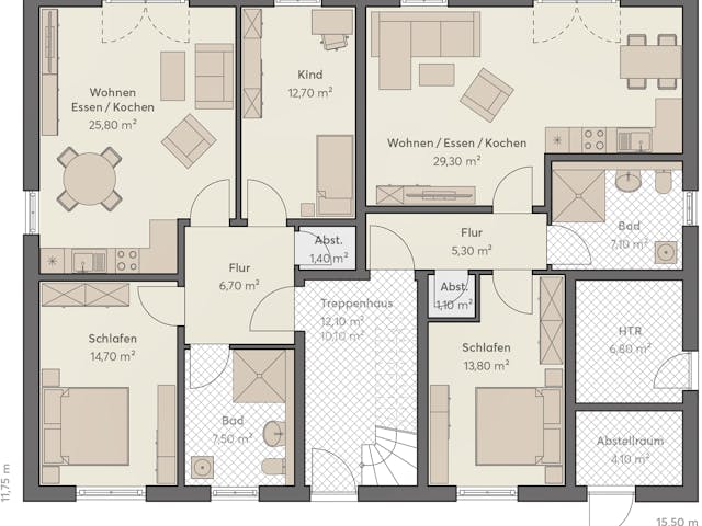 Massivhaus Haus Grünheide (5 WE) von ROTH MASSIVHAUS Schlüsselfertig ab 1452500€, Cubushaus Grundriss 1