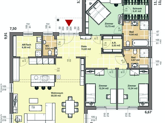 Fertighaus ELK Bungalow 135 von ELK Fertighaus Schlüsselfertig ab 245631€, Pultdachhaus Grundriss 1
