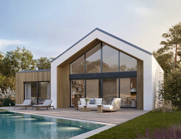 Fertighaus als ungewöhnlicher Bungalow mit moderner Sattel- & Flachdachkombination und luxuriöser Glasfront