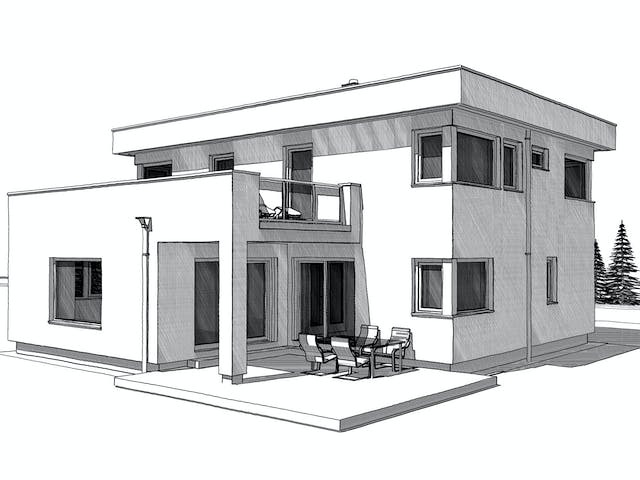 Fertighaus ELK HAUS 186 Flachdach von ELK Fertighaus Schlüsselfertig ab 313488€, Cubushaus Außenansicht 6