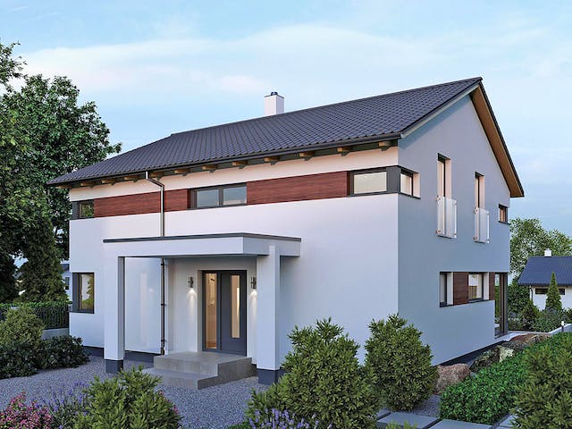 Fertighaus ELK HAUS 189 Satteldach 25° von ELK Fertighaus Schlüsselfertig ab 298353€, Satteldach-Klassiker Außenansicht 2