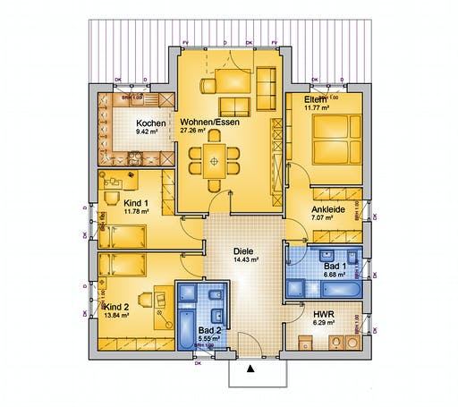 Fertighaus ONE - 114-W von Erkens Holztechnik Ausbauhaus ab 145000€, Bungalow Grundriss 1