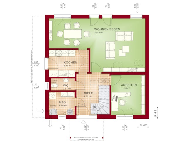 Fertighaus EVOLUTION 143 V2 von Bien-Zenker Schlüsselfertig ab 372527€, Satteldach-Klassiker Grundriss 1