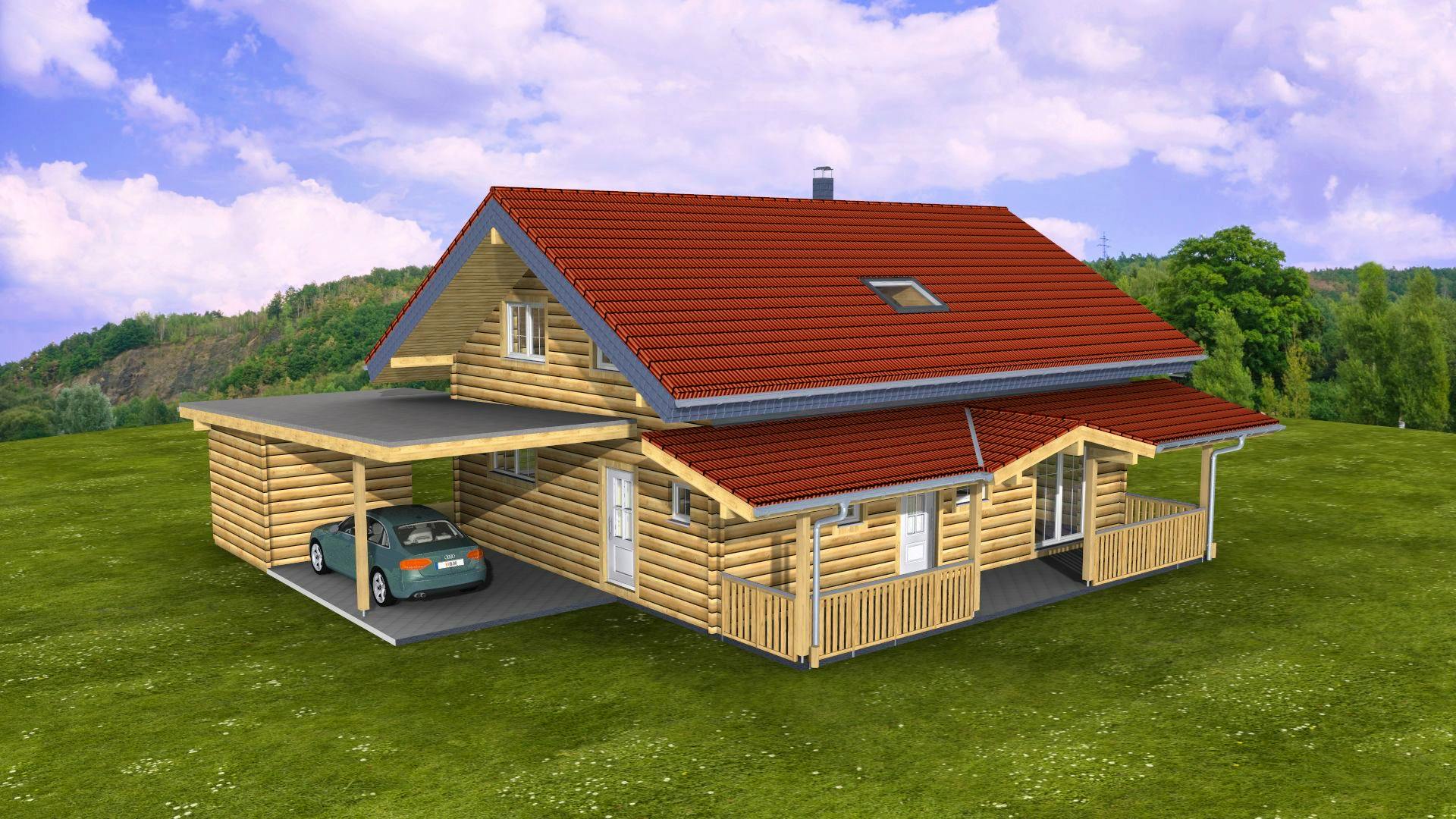 3D-Rendering des geplanten Holzblockhauses von Tim und Annemarie mit Carport, Veranda und rotem Dach auf grüner Hanglage