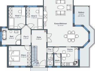 Fertighaus Ausstellungshaus Rheinau-Linx – Familia von WeberHaus Schlüsselfertig ab 582000€, Satteldach-Klassiker Grundriss 1