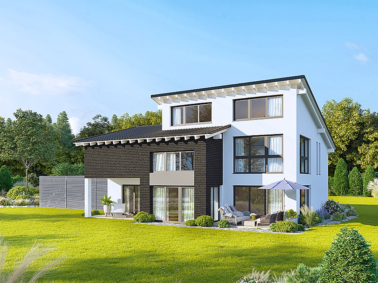 Massivhaus Creativ Sun 211 edition von FAVORIT Massivhaus Schlüsselfertig ab 515850€, Pultdachhaus Außenansicht 1