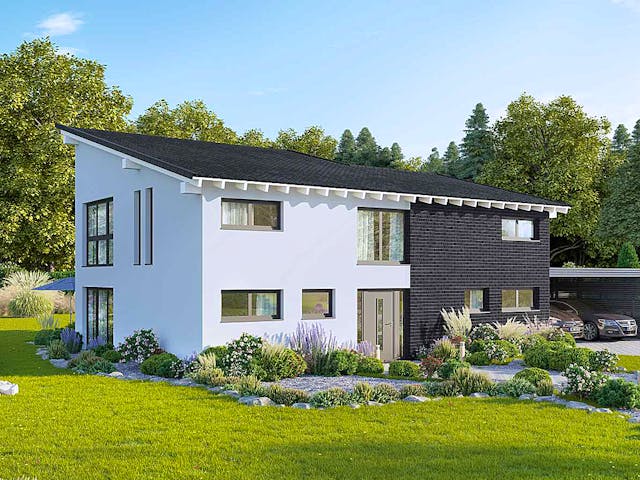Massivhaus Creativ Sun 211 edition von FAVORIT Massivhaus Schlüsselfertig ab 515850€, Pultdachhaus Außenansicht 2