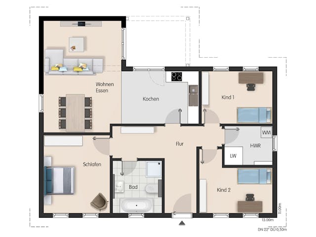 Massivhaus Bungalow Aurich von Febro Massivhaus Schlüsselfertig ab 211300€, Bungalow Grundriss 1
