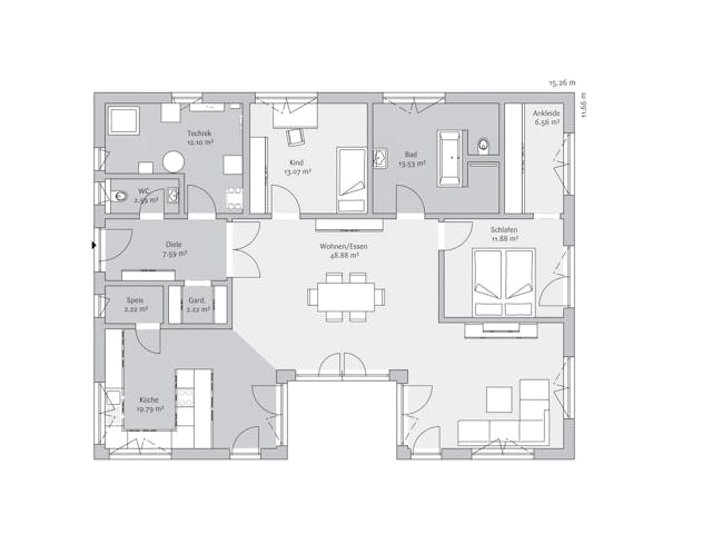 Fertighaus Bungalow 138 von FischerHaus Schlüsselfertig ab 417656€, Bungalow Grundriss 1 Fertighaus Bungalow 138 von FischerHaus Schlüsselfertig ab 417656€, Bungalow Grundriss 1