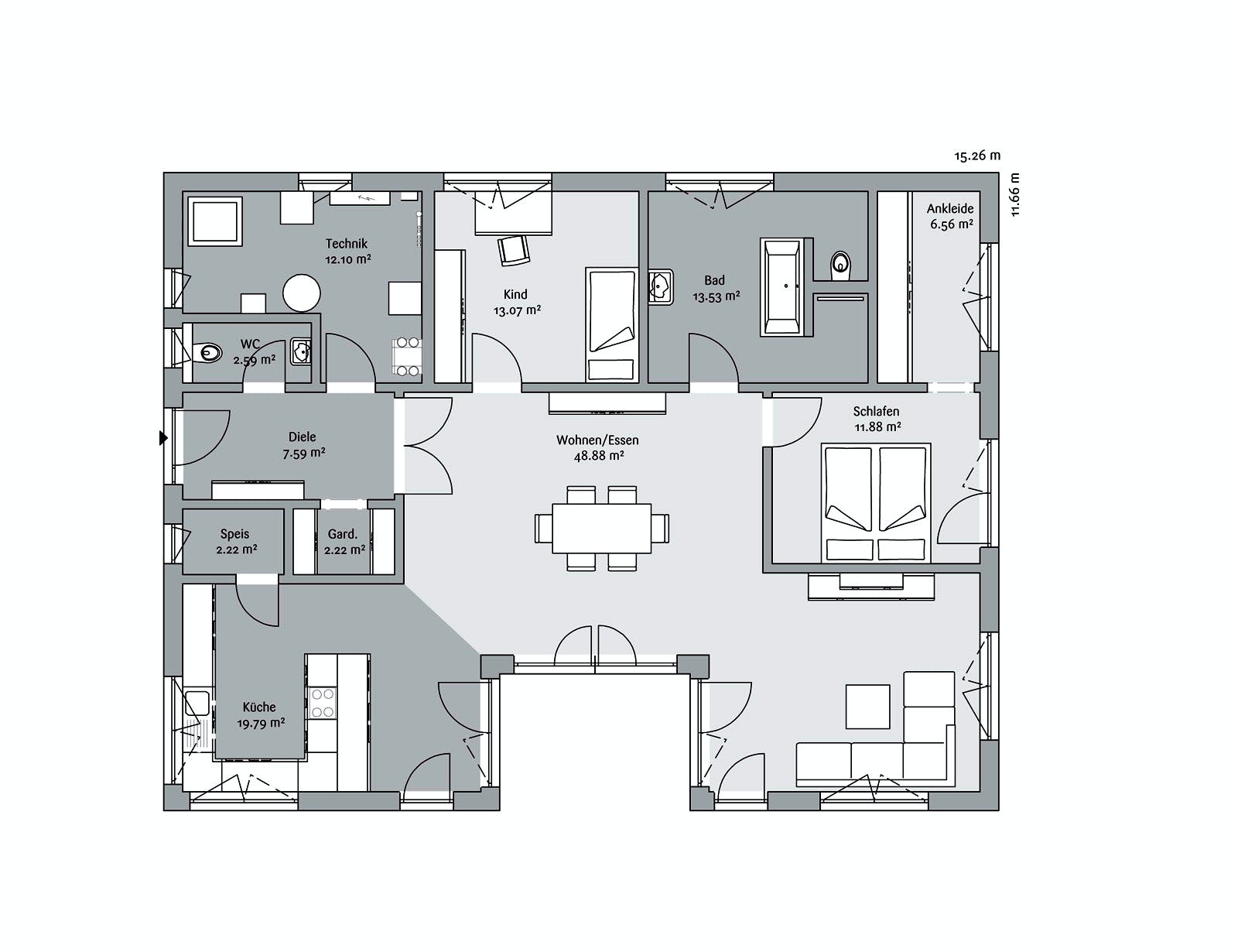 Fertighaus Bungalow 138 von FischerHaus Schlüsselfertig ab 316406€, Bungalow Grundriss 1