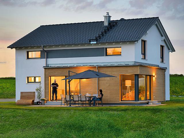 Fertighaus Haus Grauer von Fertighaus WEISS Schlüsselfertig ab 490202€, Satteldach-Klassiker Außenansicht 1
