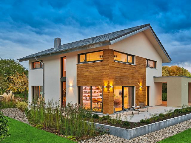 Fertighaus MH Poing - Balance von Fertighaus WEISS Schlüsselfertig ab 547801€, Satteldach-Klassiker Außenansicht 1