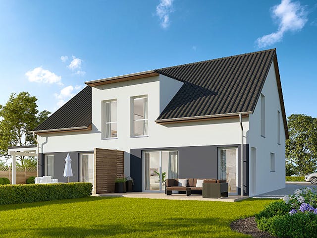 Massivhaus Doppelhaushälfte Fulda von FIBAV Massivhaus, Satteldach-Klassiker Außenansicht 1