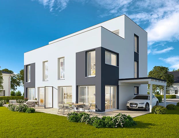 Kubisches Doppelhaus mit Dachterrasse, bodentiefen Fenstern & doppelflügeligen Terrassentüren von FIBAV Massivhaus