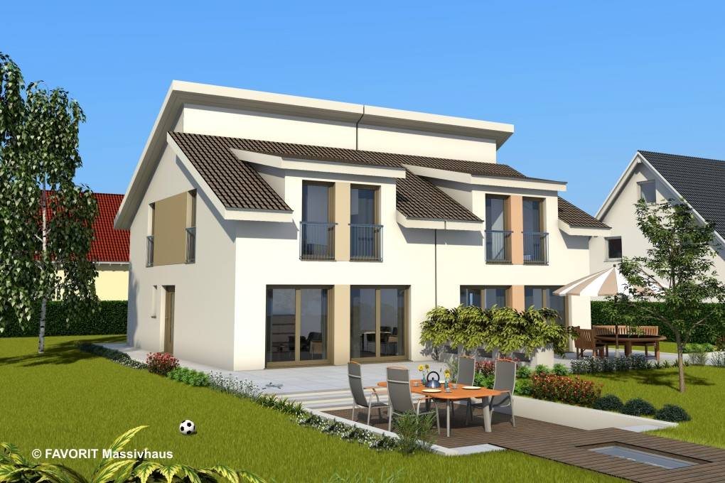 Massivhaus Finesse 104 von Favorit Massivhaus Schlüsselfertig ab 298440€, Pultdachhaus Außenansicht 1