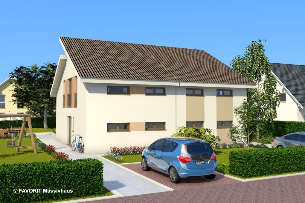 Massivhaus Finesse 104 von Favorit Massivhaus Schlüsselfertig ab 298440€, Pultdachhaus Außenansicht 2