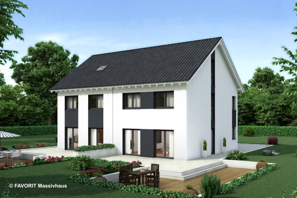 Massivhaus Finesse 107 von Favorit Massivhaus Schlüsselfertig ab 315710€, Satteldach-Klassiker Außenansicht 1