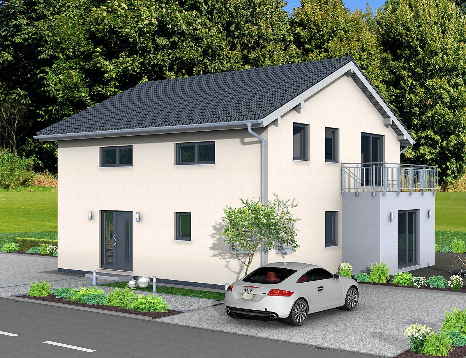 Fertighaus Junto 173 von FINGERHUT-HAUS Schlüsselfertig ab 543398€, Satteldach-Klassiker Außenansicht 1