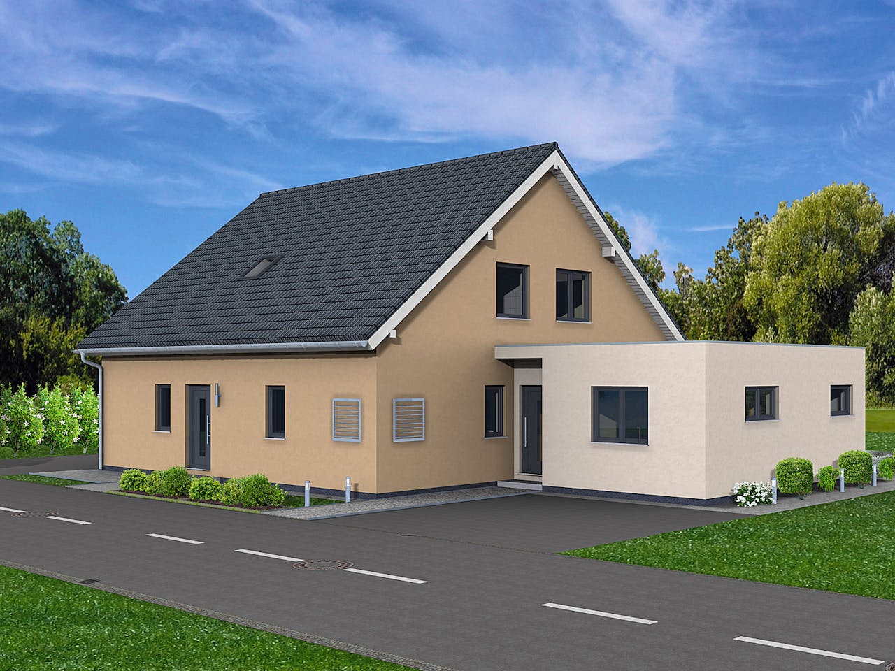 Fertighaus Junto 224 von Fingerhut Haus Schlüsselfertig ab 654868€, Satteldach-Klassiker Außenansicht 1