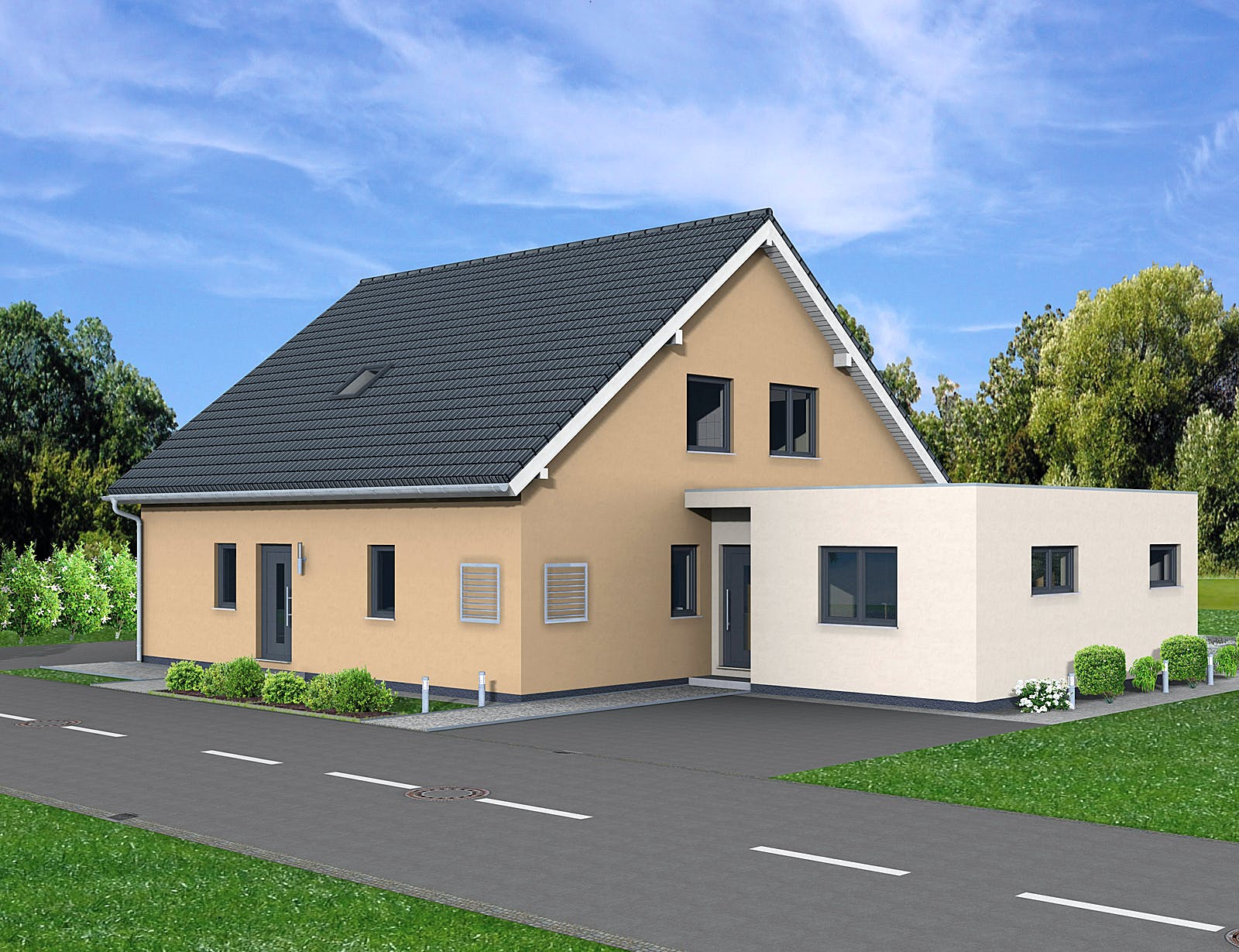 Fertighaus Junto 224 von FINGERHUT-HAUS Schlüsselfertig ab 650674€, Satteldach-Klassiker Außenansicht 1